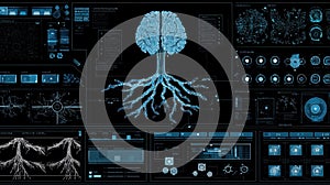 Digital Brain Tree Abstract Neural Network Roots and Data Visualization Interface