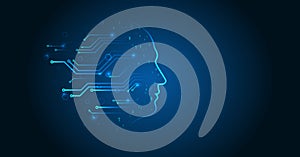 Digital brain, vector software digital code. Network interpretation. Head silhouette with particles on a dark blue background,
