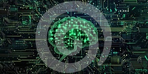 Digital Brain Visualization with Circuitry Background, Neon Green Neural Network Design, Futuristic Technology Concept