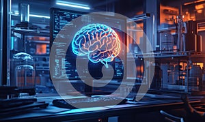 Digital brain visualization on computer screen in futuristic laboratory setting
