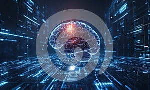 Digital brain visualization representing artificial intelligence, neural networks, and data processing in a futuristic