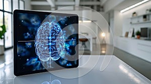 Digital brain visualization on tablet screen in modern medical office. AI Generated.