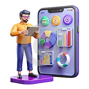 Digital business analytics on mobile device, man using tablet with data apps