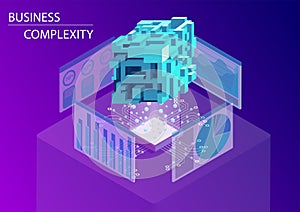 Digital business complexity concept. 3d isometric vector illustration with floating complex multi-faceted cube