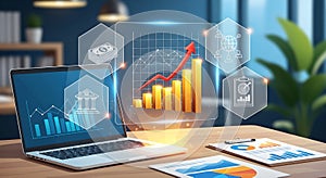 Digital Business Growth Analytics on Laptop Screen with Financial Technology Data Report