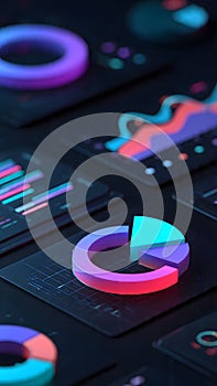 Digital Business Intelligence Dashboard with Neon 3D Charts and Holographic Data Elements