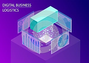 Digital business logistics concept. 3d isometric vector illustration with floating shipping container for global trade and analyti
