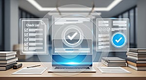 Digital Business Productivity Checklist Interface on Laptop Screen. Modern Office Background for Task Management.