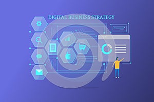 Digital business strategy- Businessman analyzing marketing data and information.