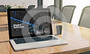 digital business website screen laptop at conference room mockup