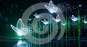Digital Butterflies Flying Through Binary Code Matrix