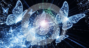 Digital Butterflies Flying Through Cyber Network Binary Code Data Stream