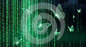 Digital Butterflies Flying Through Green Binary Code Matrix