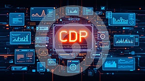 Digital C D P interface with glowing orange text and blue data charts