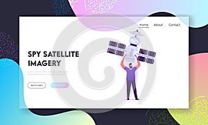 Digital Cable Communication Network Website Landing Page. Man Holding Satellite. Wireless Mobile Connection Server