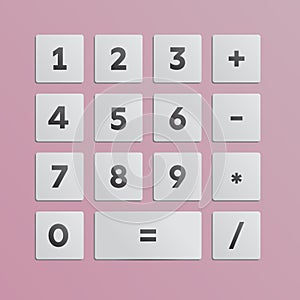 Digital calculator design pink background, buttons with numbers and mathematical actions vector illustration