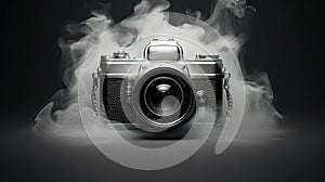 Digital camera in black and white fog
