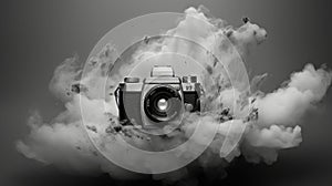 Digital camera in black and white fog surreal photo