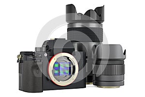 Digital camera body with photo lens, 3D rendering