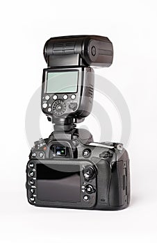 Digital camera with flash on white background