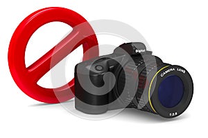 Digital camera and forbidden sign on white background.