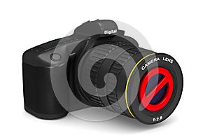 Digital camera and forbidden sign on white background.