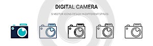 Digital camera icon in filled, thin line, outline and stroke style. Vector illustration of two colored and black digital camera