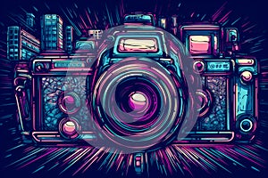 Digital camera illustrated in a vibrant, colorful, cartoon abstraction with neon art elements and a simplistic design -