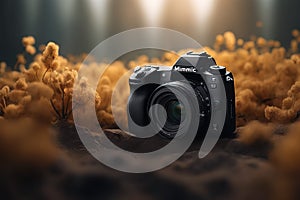 digital camera with lens on the background of a beautiful scenery. 3 d renderingdigital camera with