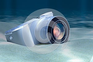 Digital camera on ocean bottom underwater, 3D rendering