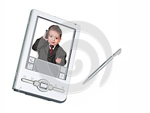 Digital Camera PDA & Stylus Over White With Toddler On Phone