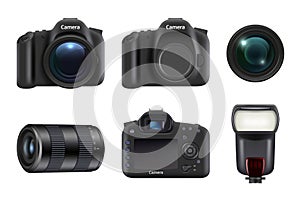 Digital camera. Photo studio professional equipment dslr camera lens and flashes vector realistic