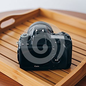 A digital camera is placed on