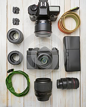 digital camera, several different lenses, filters, cables photo