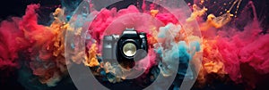 Digital camera surreal art on color background