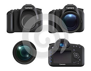 Digital cameras. Realistic dslr photo camera for photographers with lens and professional equipment vector realistic