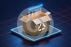 Digital cardboard box on a grid like platform with a holographic barcode photo