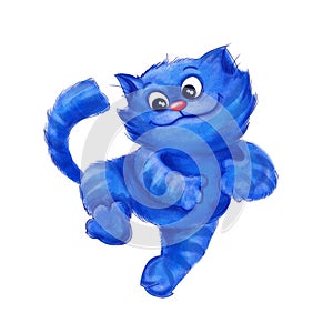 Digital cartoon handdrawing blue happy jumping cat photo