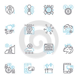 Digital cash linear icons set. Bitcoin, Cryptocurrency, Blockchain, Ethereum, Decentralization, Wallets, Mining line photo