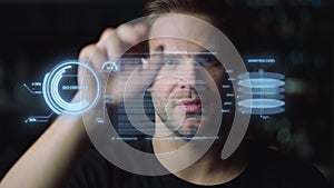 Digital ceo man holograms swipe analyse company benefits collecting data closeup