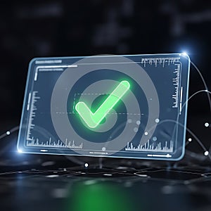 Digital checkmark on futuristic transparent screen with data visualization