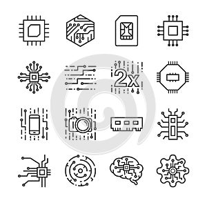 Digital chip processor icons set