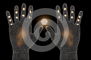 Digital chirality illustration: Glowing points on hands against a dark backdrop