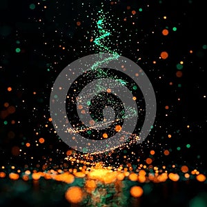 A digital Christmas tree with glowing tech elements set against a black background.