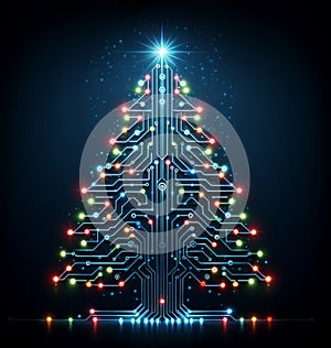 A digital Christmas tree made of electronic circuit lines with glowing multicolored lights against a dark background, symbolizing