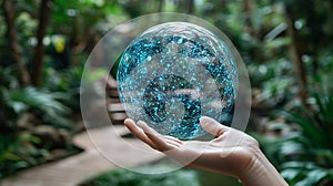 A digital circle is held in the hand, symbolizing the intelligence