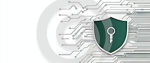 On a digital circuit background, a green security shield with a keyhole is rendered in 3D.