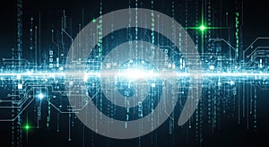 Digital circuit board background with glowing lines binary code, for data flow, connectivity, information technology,