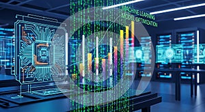 Digital circuit board with cpu chip and glowing binary code, data analytics, ai
