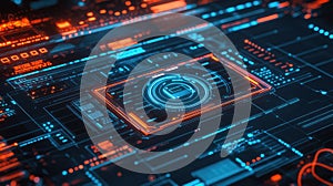 Digital circuit board displaying data processing and network connections